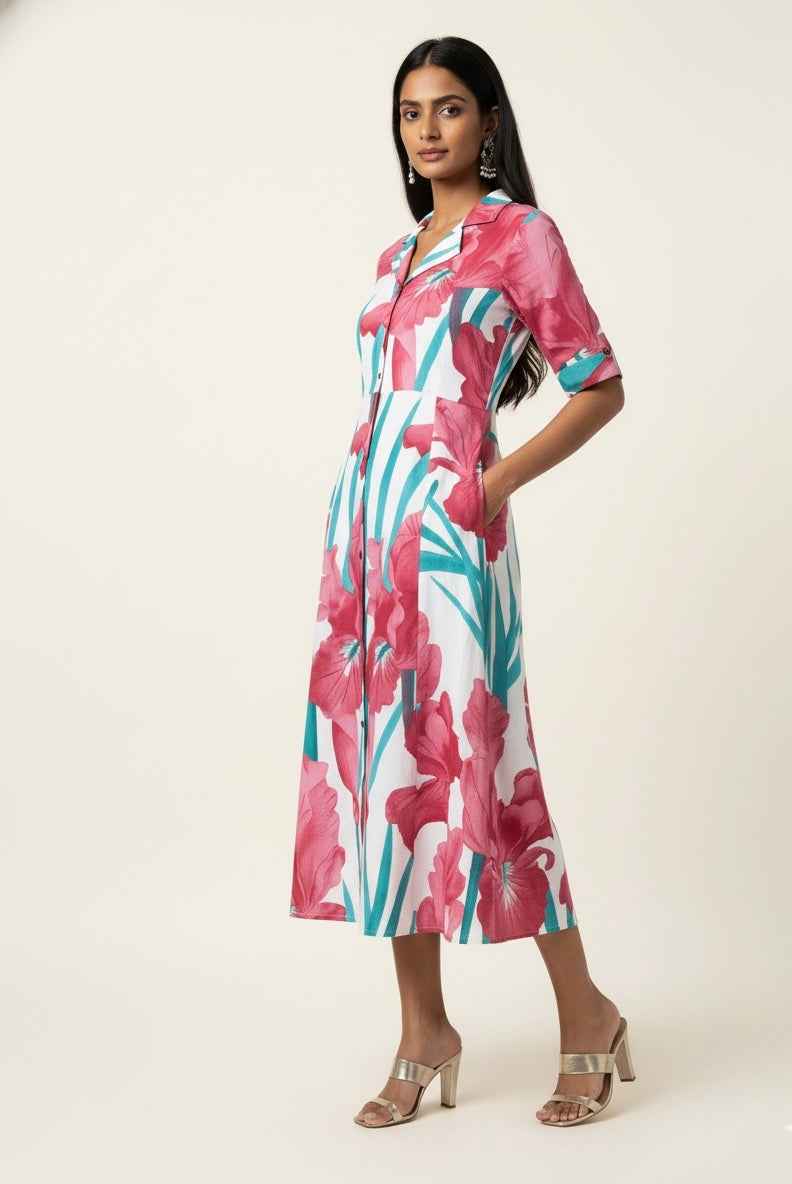 Pure Cotton Floral Print  One Piece Midi Dress SD026