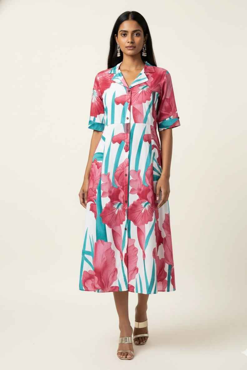 Pure Cotton Floral Print  One Piece Midi Dress SD026