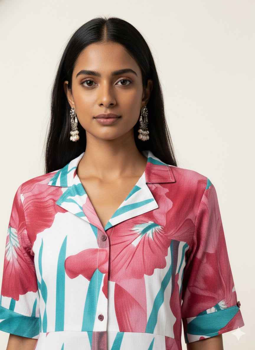 Pure Cotton Floral Print  One Piece Midi Dress SD026