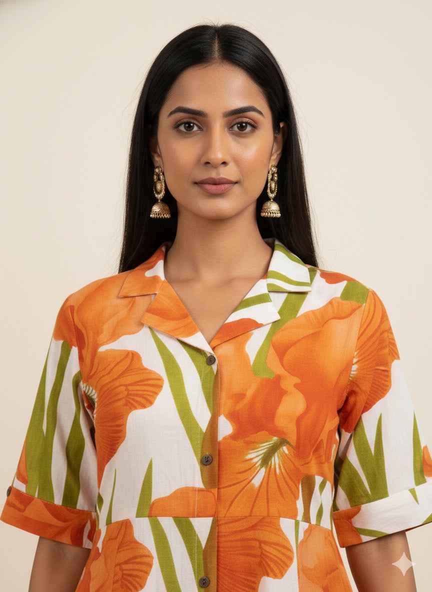 Pure Cotton Floral Print  One Piece Midi Dress SD027