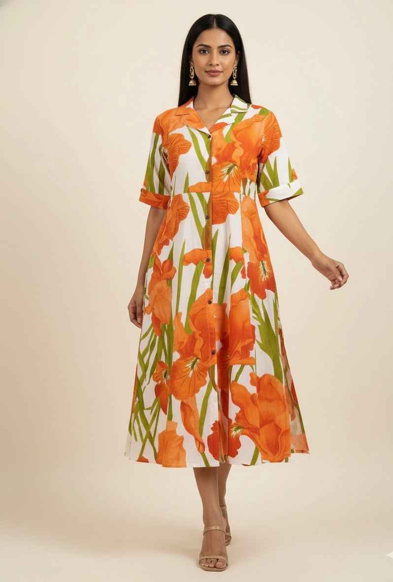 Pure Cotton Floral Print  One Piece Midi Dress SD027