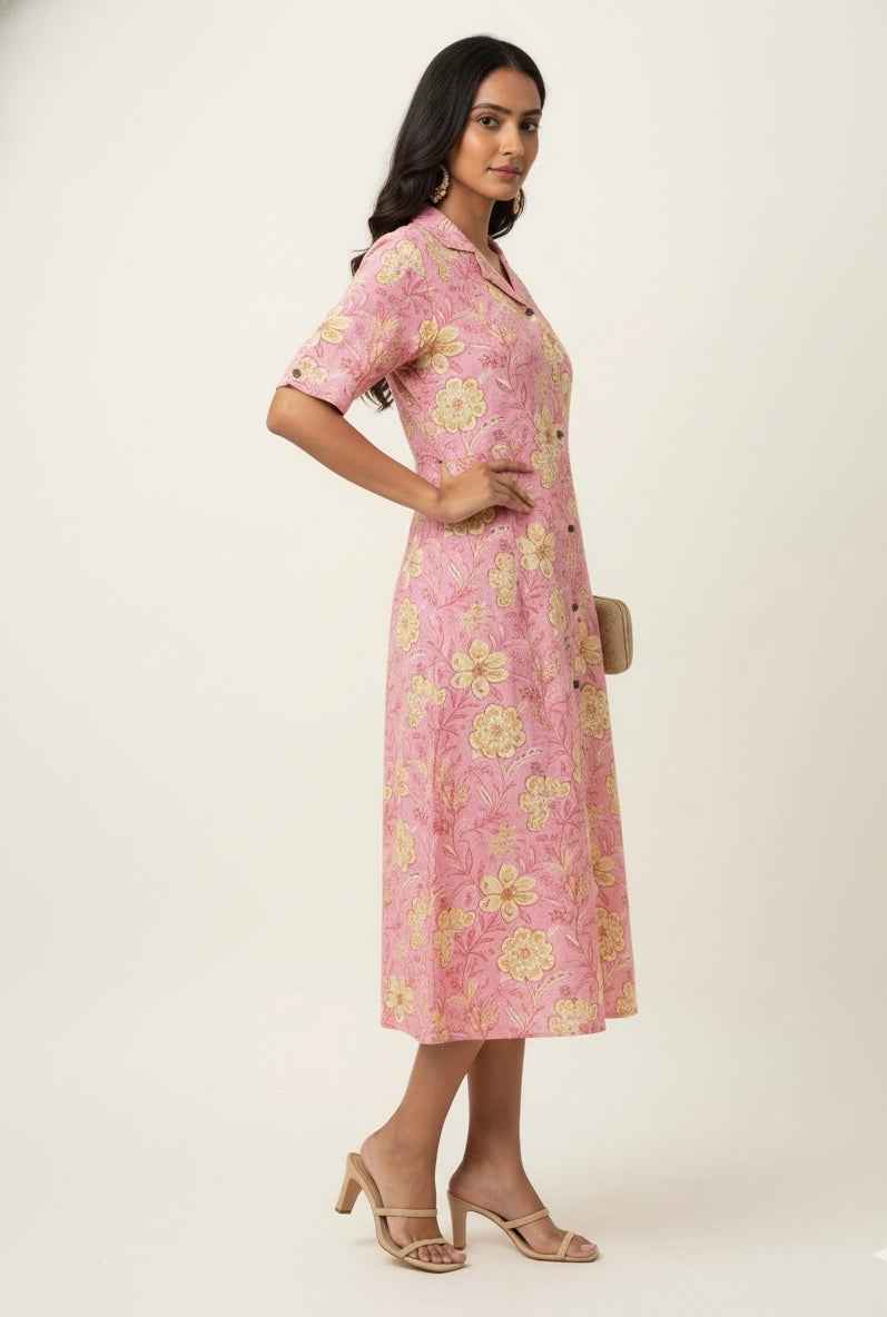 Pure Cotton Floral Print  One Piece Midi Dress SD028