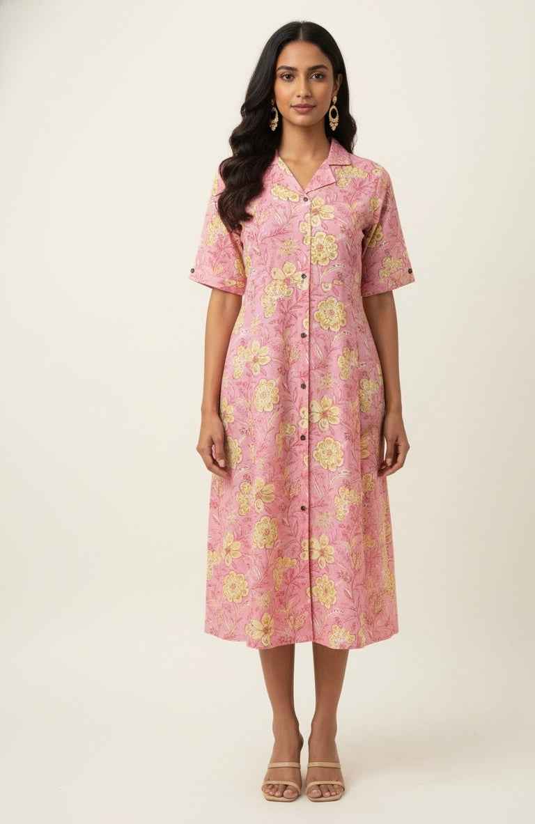 Pure Cotton Floral Print  One Piece Midi Dress SD028
