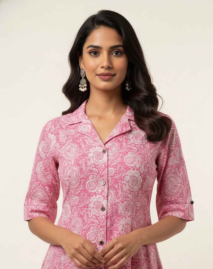 Pure Cotton Floral Print  One Piece Midi Dress SD029