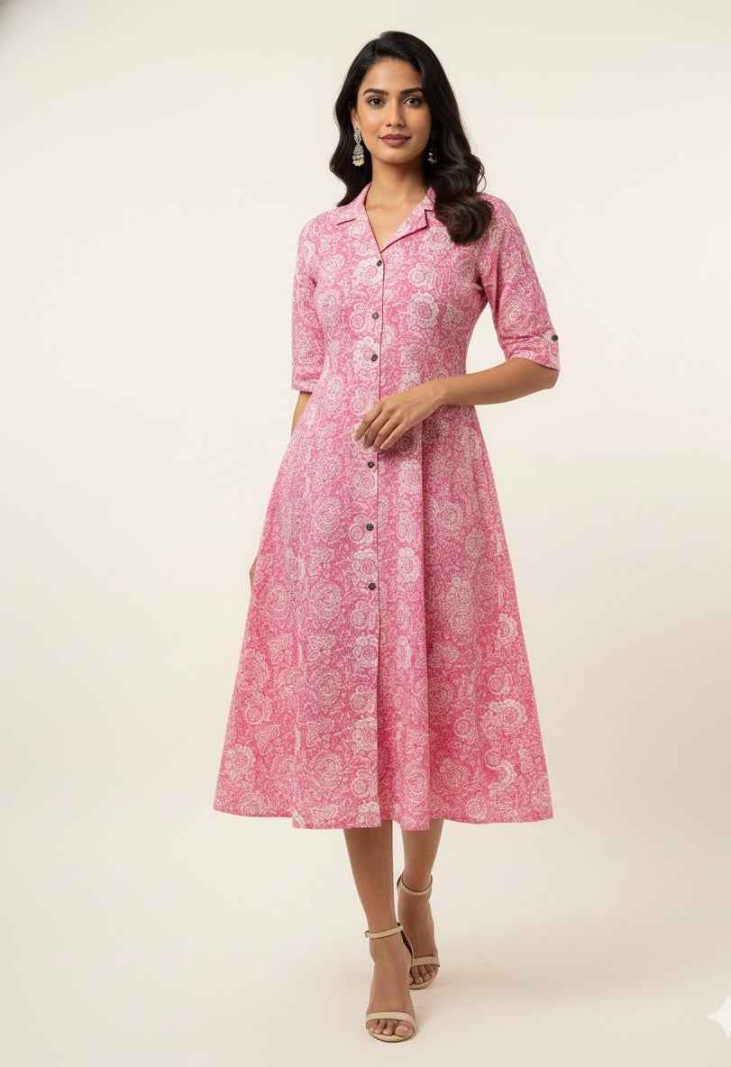 Pure Cotton Floral Print  One Piece Midi Dress SD029