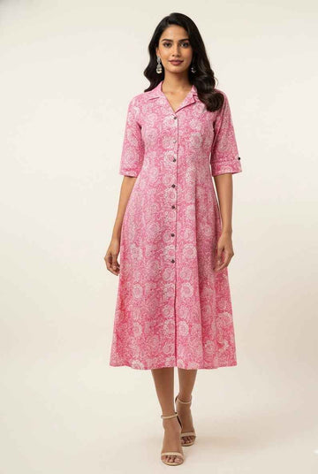 Pure Cotton Floral Print  One Piece Midi Dress SD029