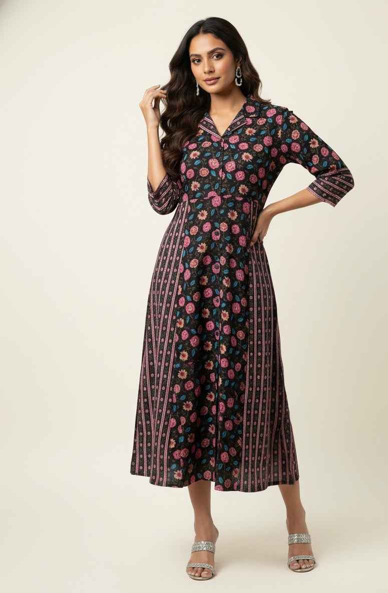 Pure Cotton Floral Print  One Piece Midi Dress SD030
