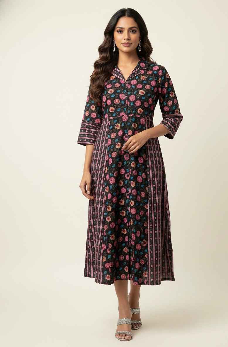 Pure Cotton Floral Print  One Piece Midi Dress SD030