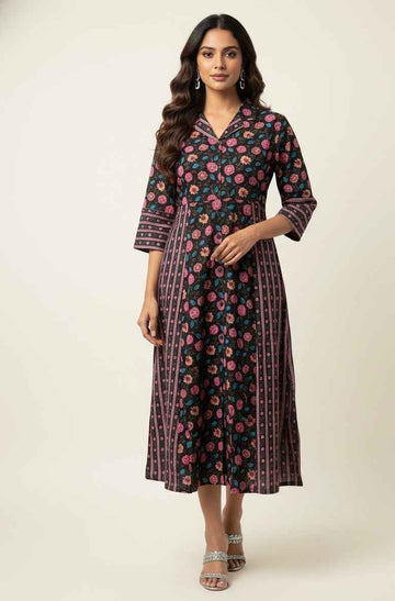 Pure Cotton Floral Print  One Piece Midi Dress SD030