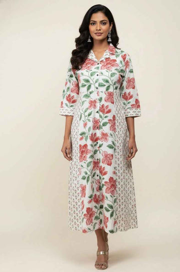 Pure Cotton Floral Print  One Piece Midi Dress SD031