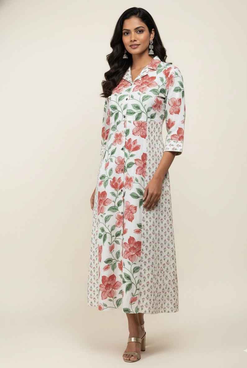 Pure Cotton Floral Print  One Piece Midi Dress SD031