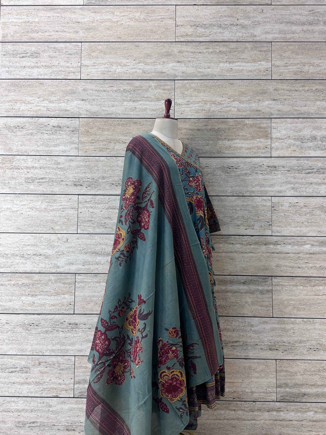 Floral Print Anarkali Suit with Angrakha Neckline