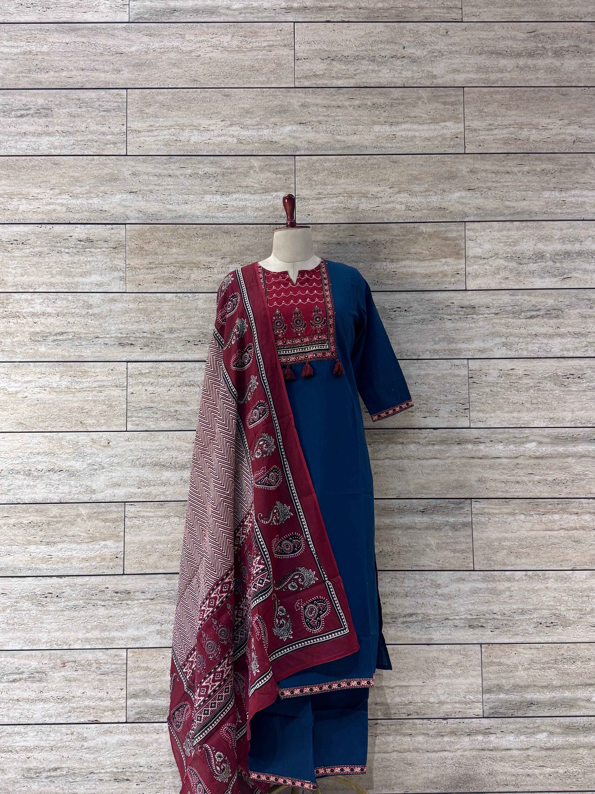 Three Piece Dupatta Set with Ajarakh Print