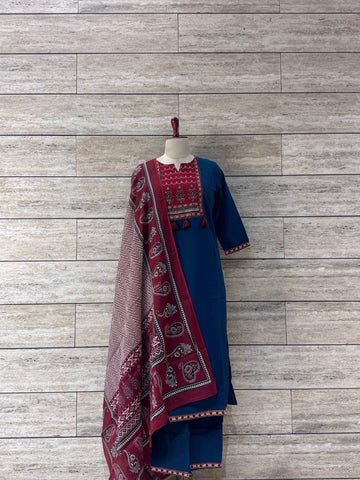 Three Piece Dupatta Set with Ajarakh Print