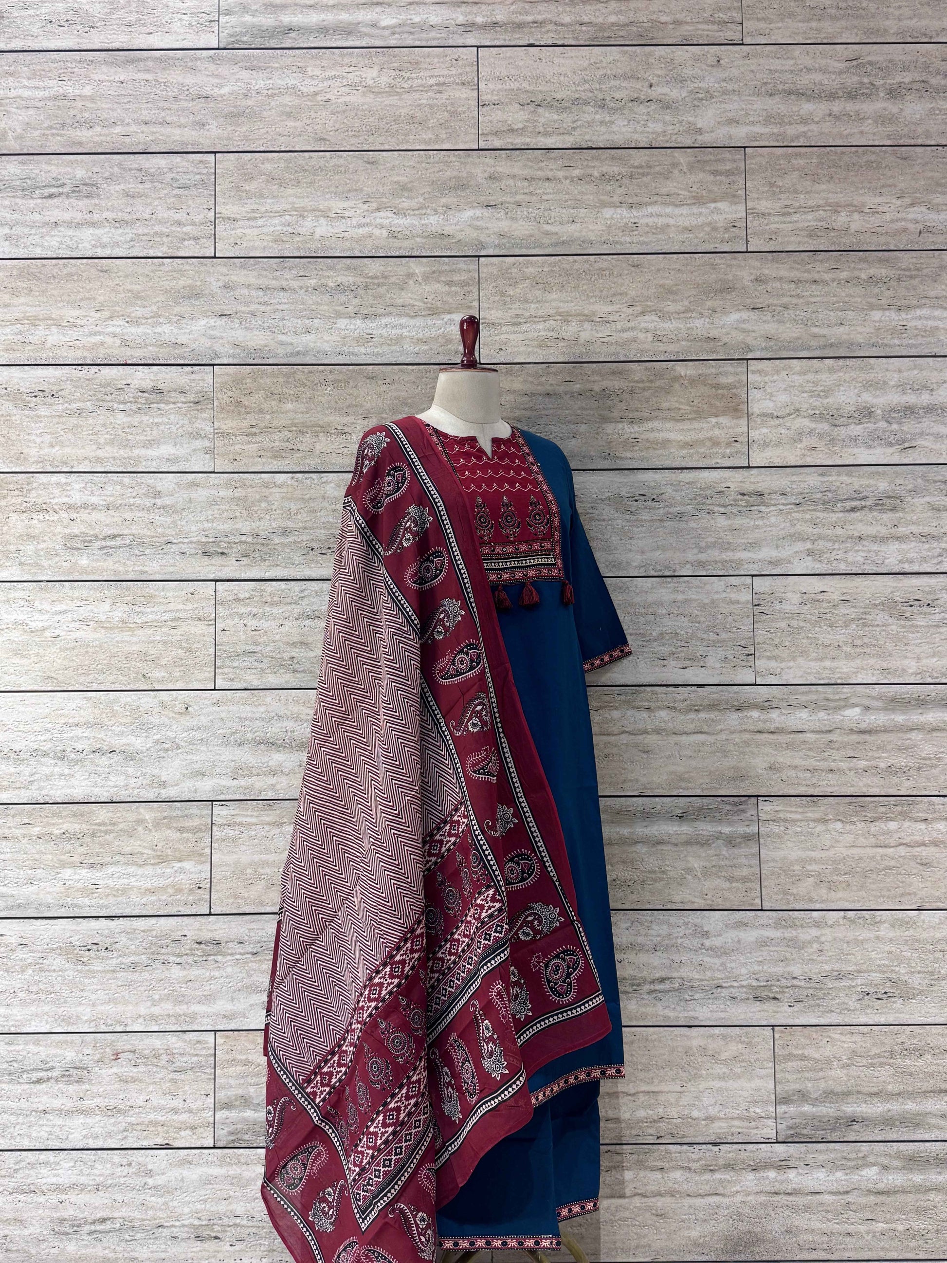 Three Piece Dupatta Set with Ajarakh Print