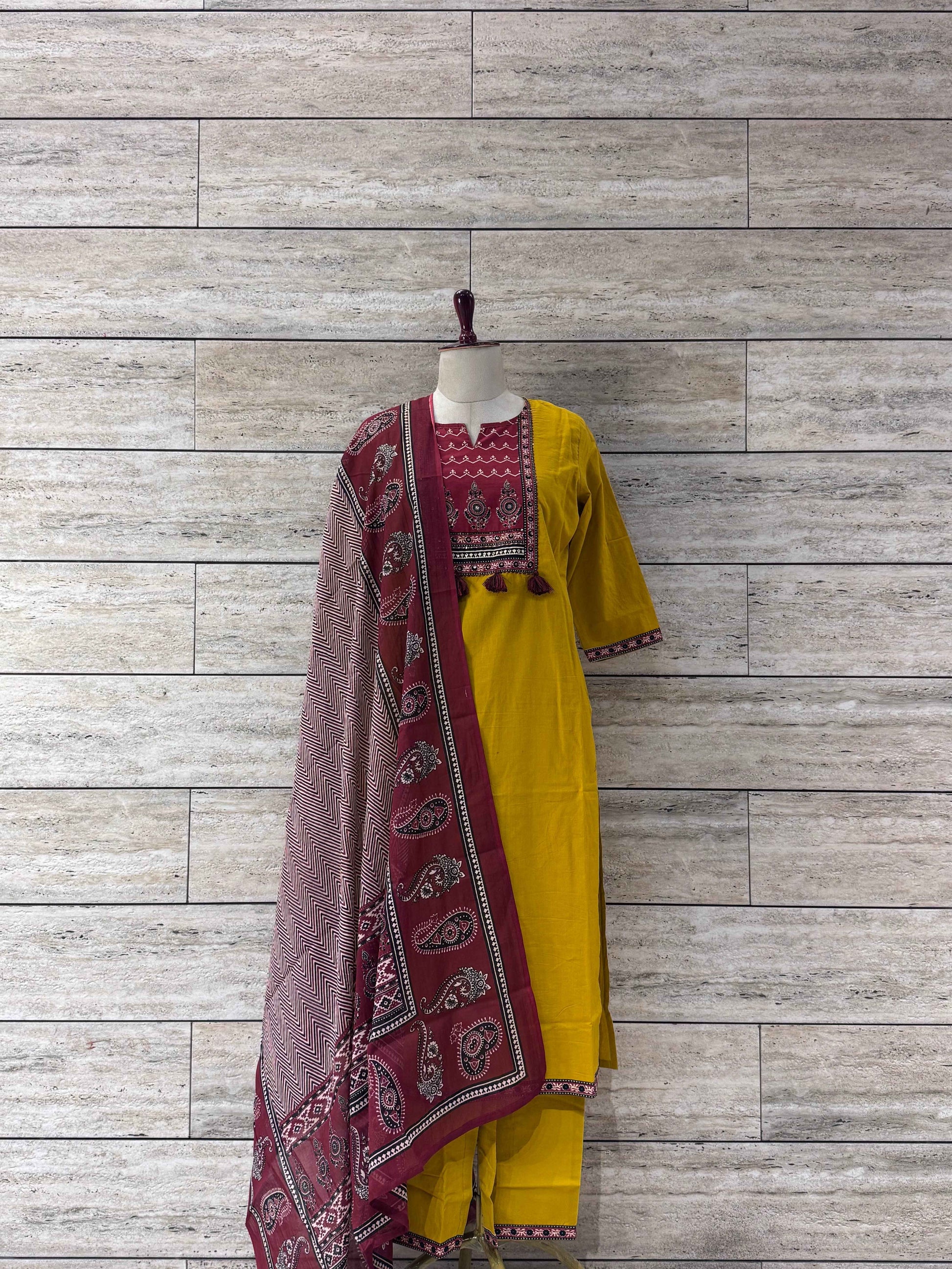 Three Piece Dupatta Set with Ajarakh Print