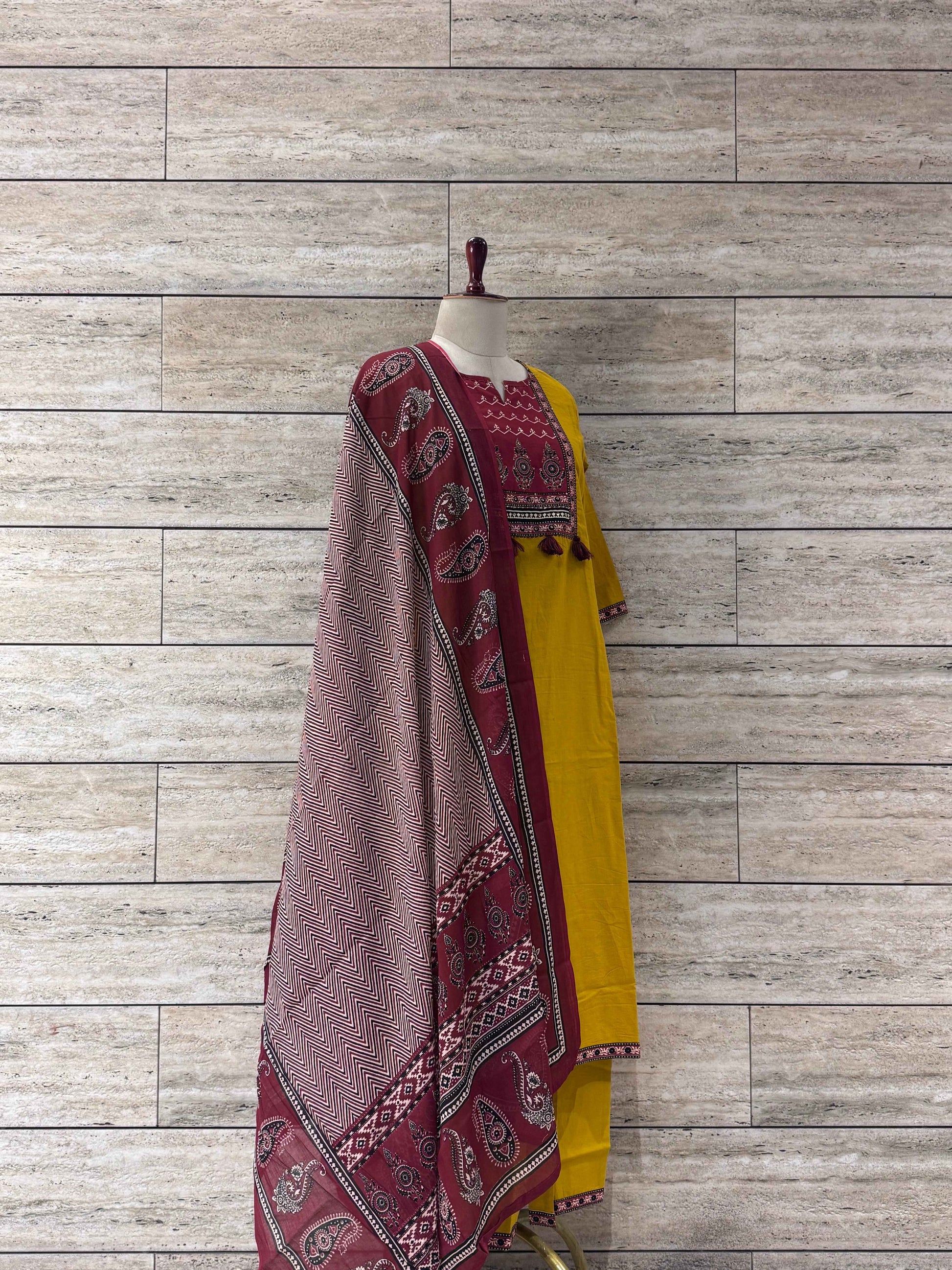 Three Piece Dupatta Set with Ajarakh Print