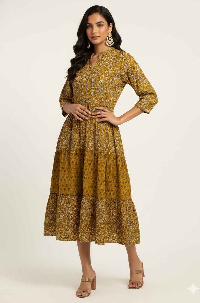 Pure Cotton Floral Print  One Piece Midi Dress SD034