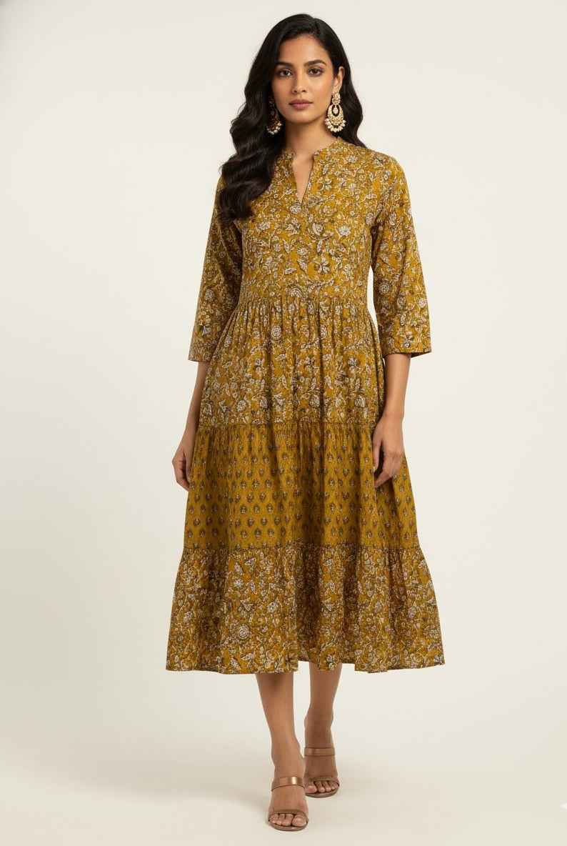 Pure Cotton Floral Print  One Piece Midi Dress SD034