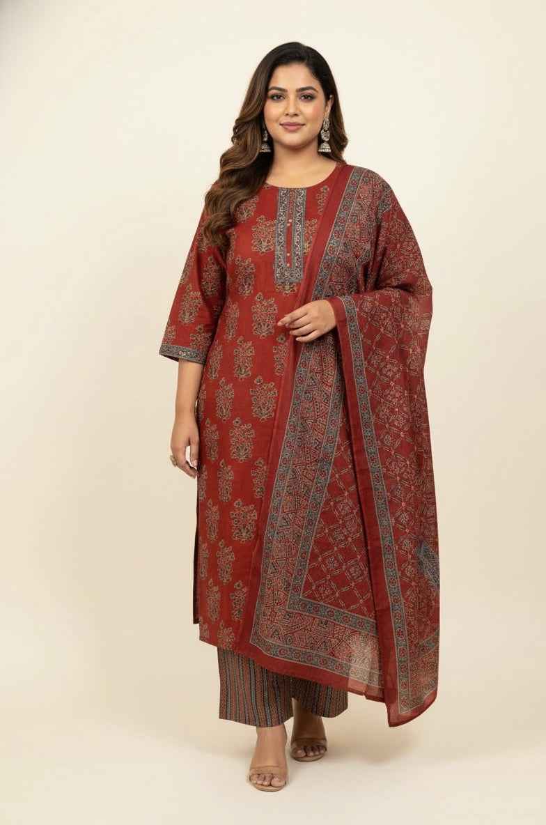 Pure Cotton Three Piece Dupatta Set With Plus Size CS0145