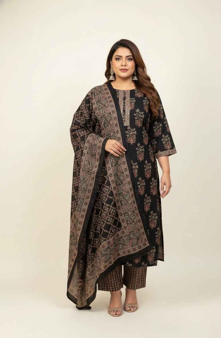 Pure Cotton Three Piece Dupatta Set With Plus Size CS0145