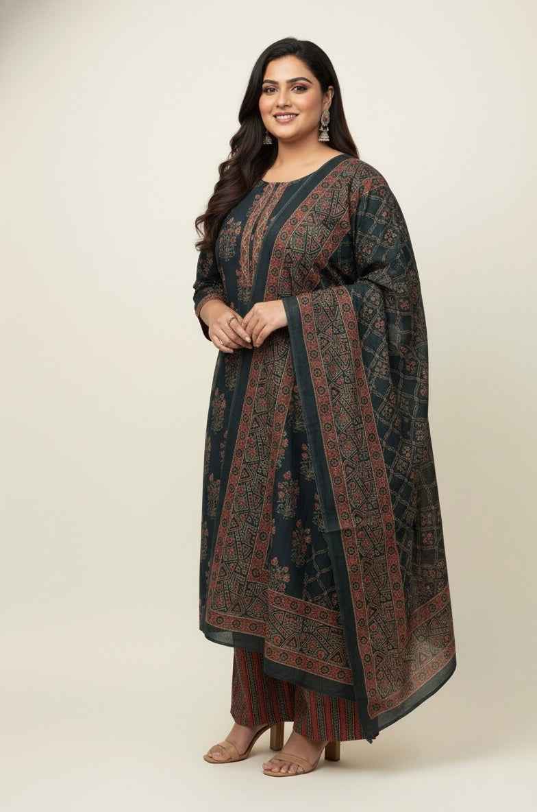 Pure Cotton Three Piece Dupatta Set With Plus Size CS0145