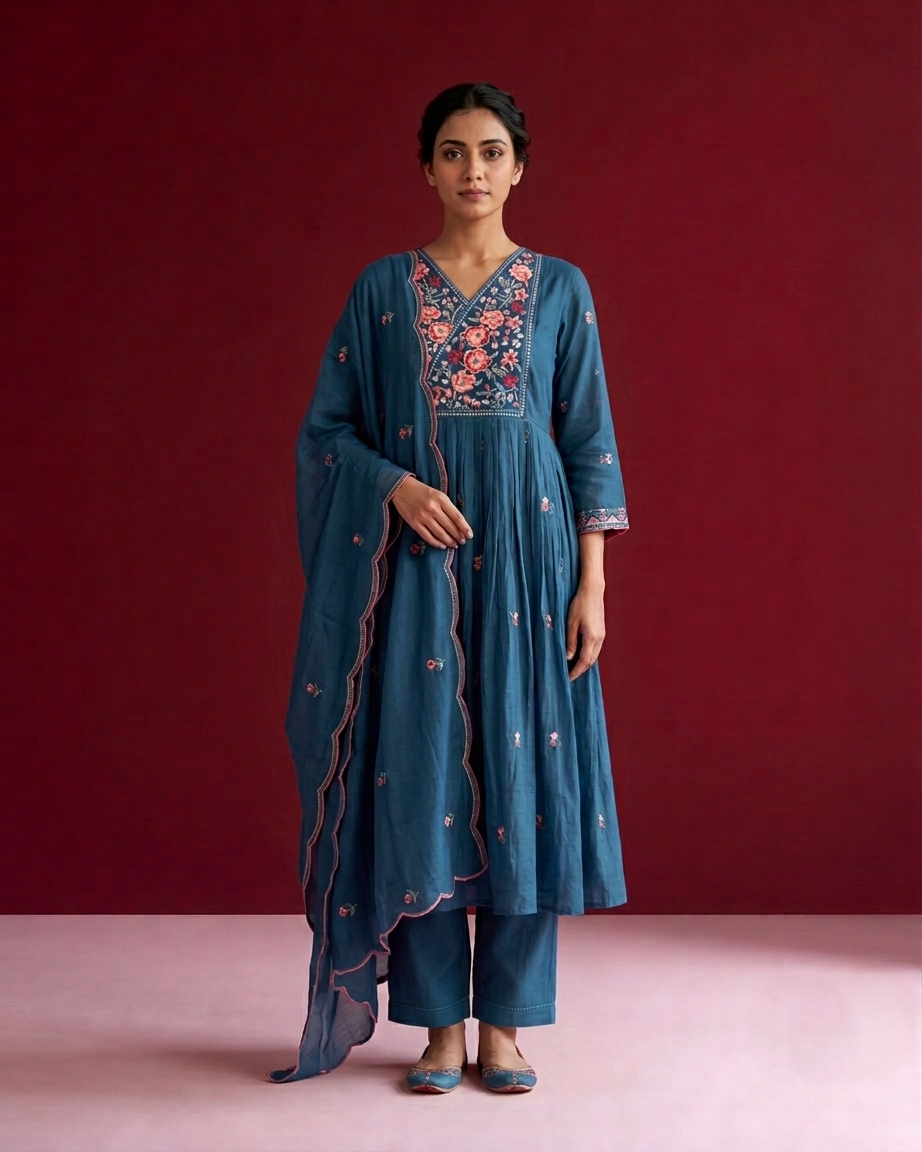 Mul Chanderi Dupatta Set With Embroidery MLC32