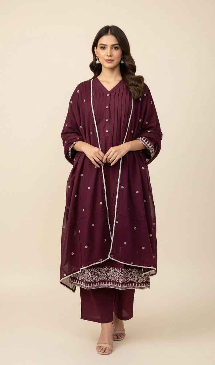 Pure Cotton A Line Dupatta Set With Embroidery Work CS0148