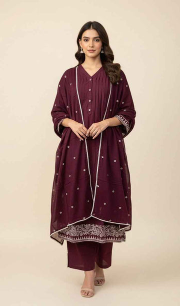 Pure Cotton A Line Dupatta Set With Embroidery Work CS0148