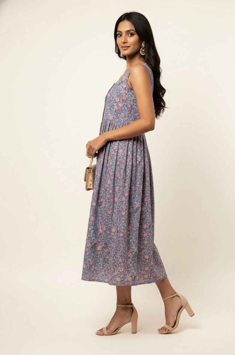 Pure Cotton Floral Print One Piece Dress With Sleeveless SD037