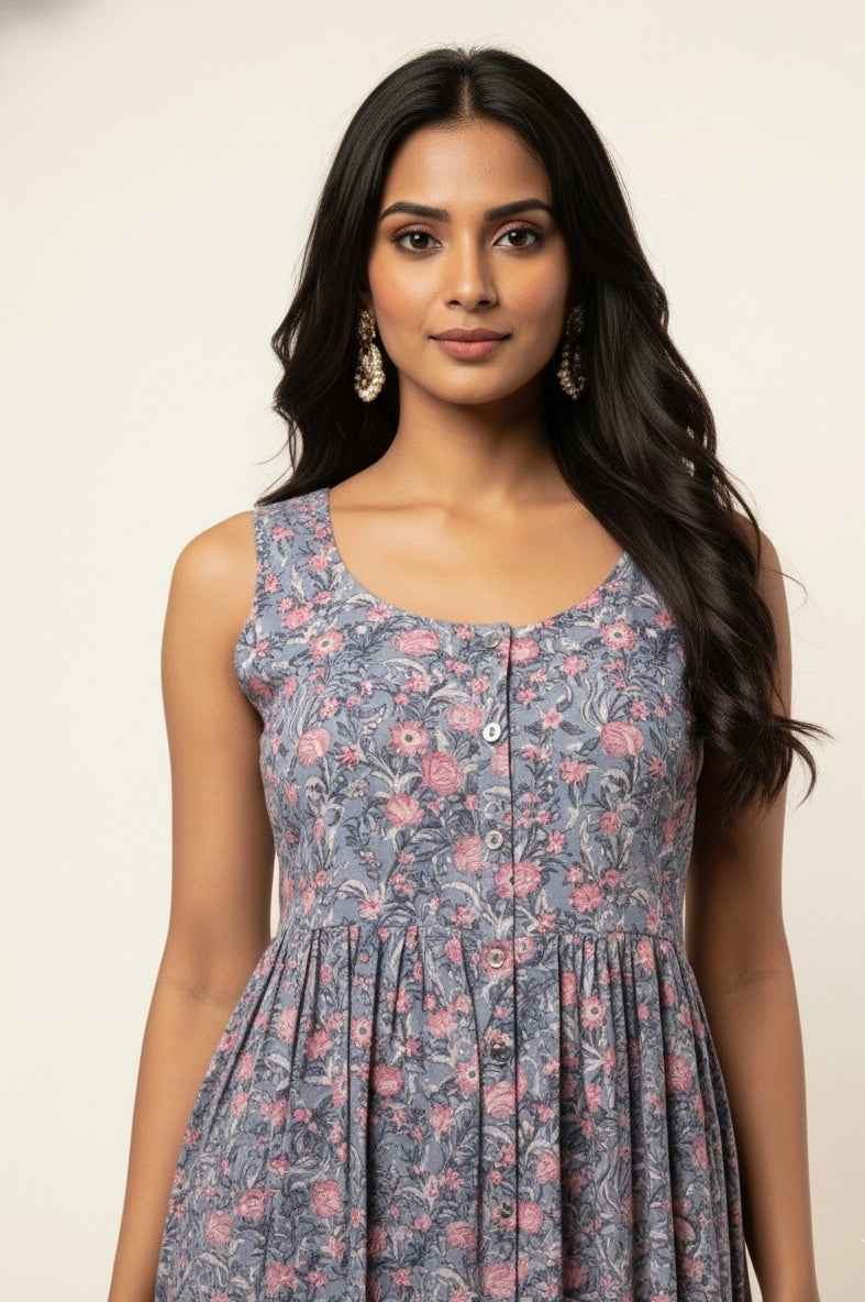 Pure Cotton Floral Print One Piece Dress With Sleeveless SD037