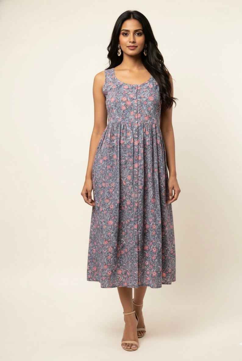 Pure Cotton Floral Print One Piece Dress With Sleeveless SD037
