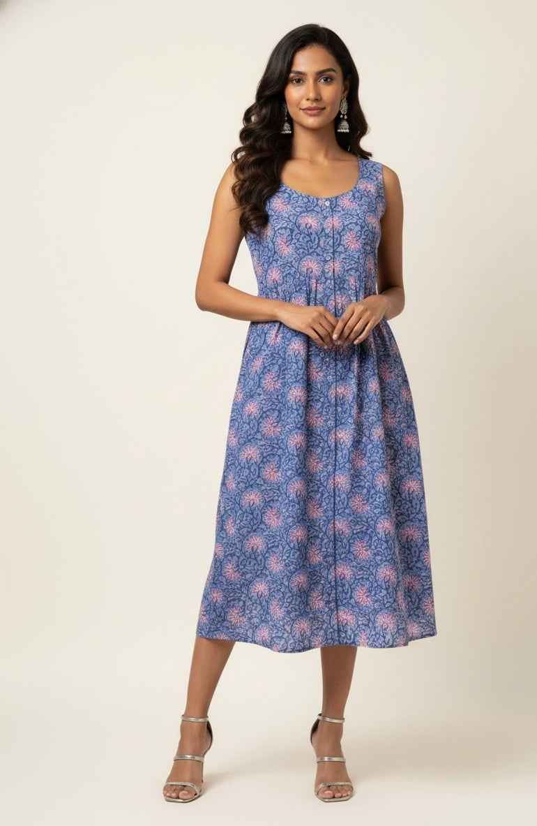 Pure Cotton Floral Print One Piece Dress With Sleeveless  SD038