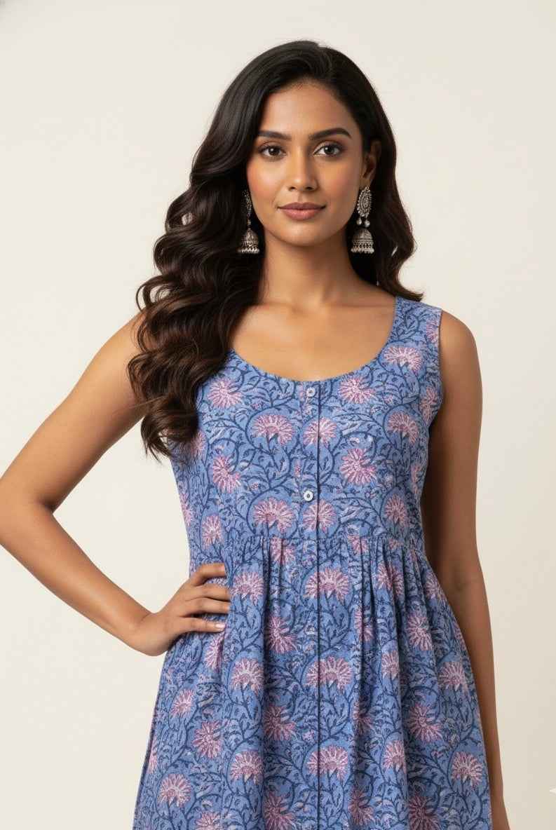 Pure Cotton Floral Print One Piece Dress With Sleeveless  SD038