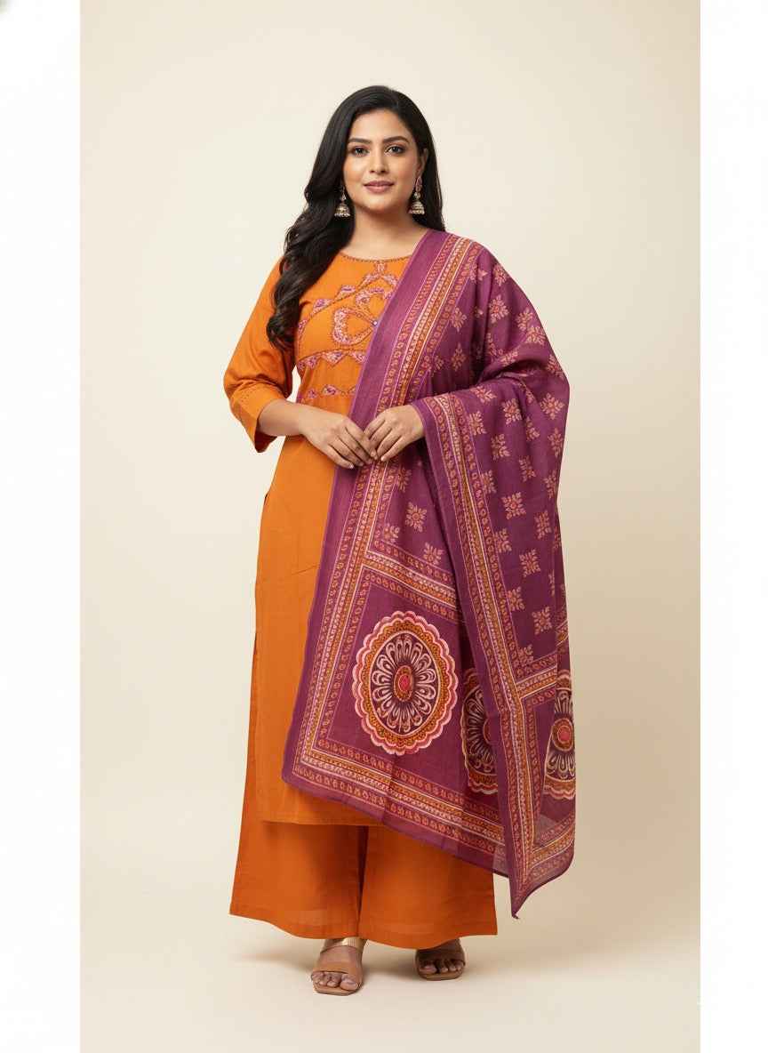 Pure Cotton Three Piece Dupatta Set With Plus Size CS0152