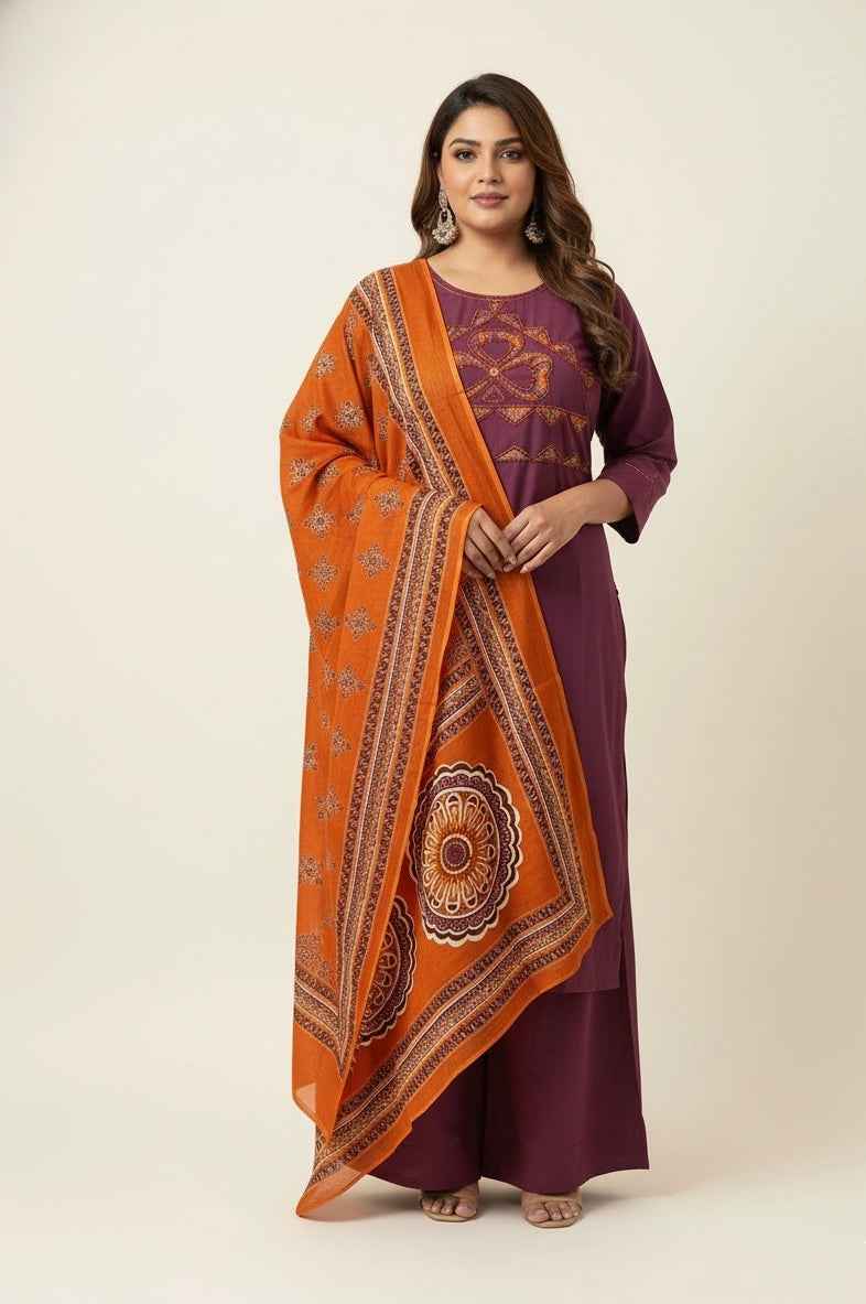 Pure Cotton Three Piece Dupatta Set With Plus Size CS0152
