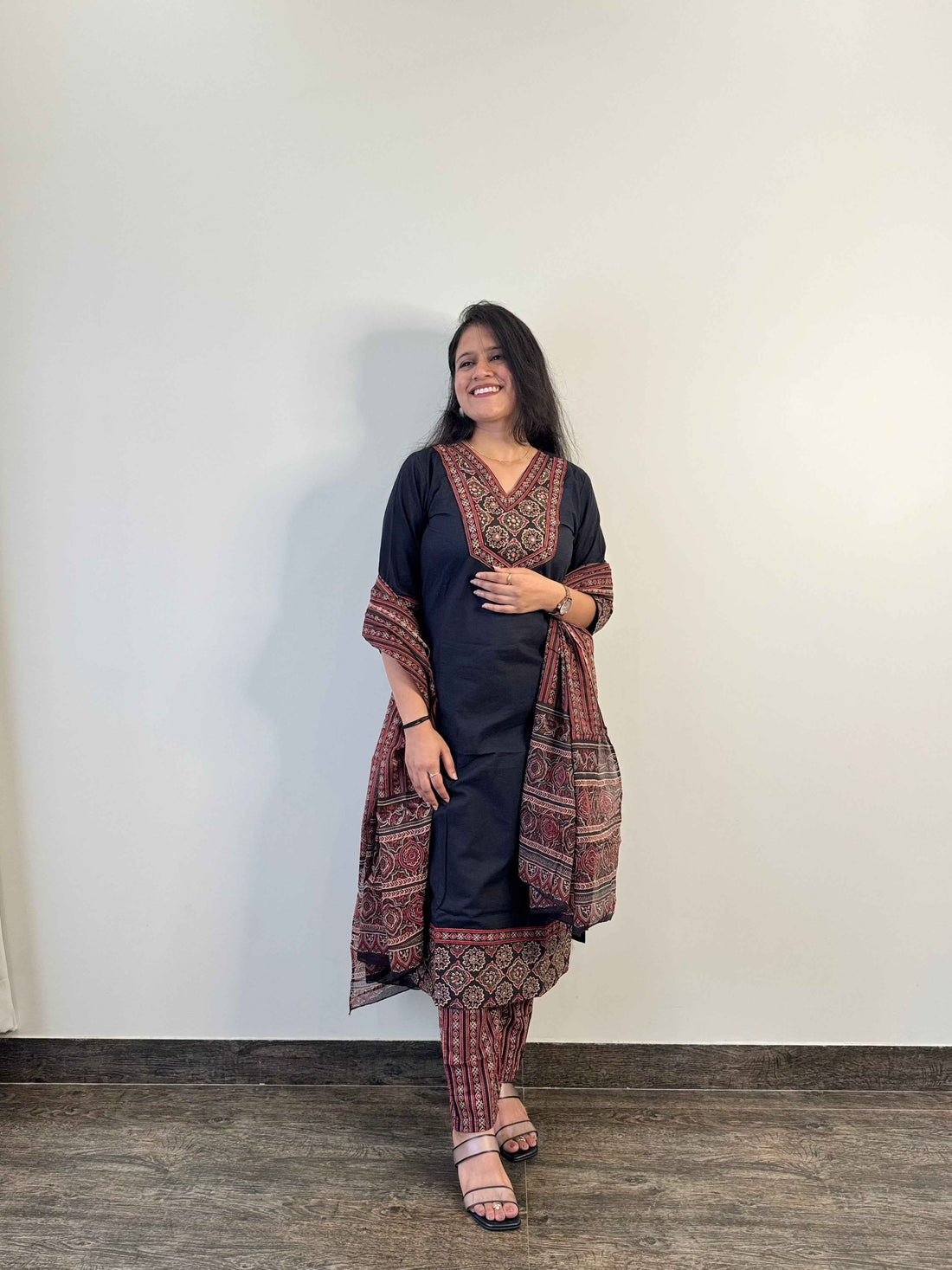 Solid Base Pure Cotton Straight Dupatta Set ( Black )
