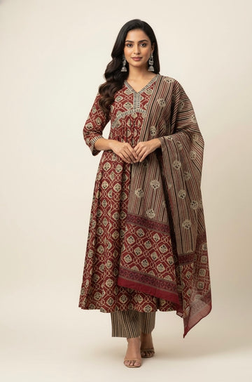 Pure Cotton A Line Three Piece Dupatta Set   FL0179