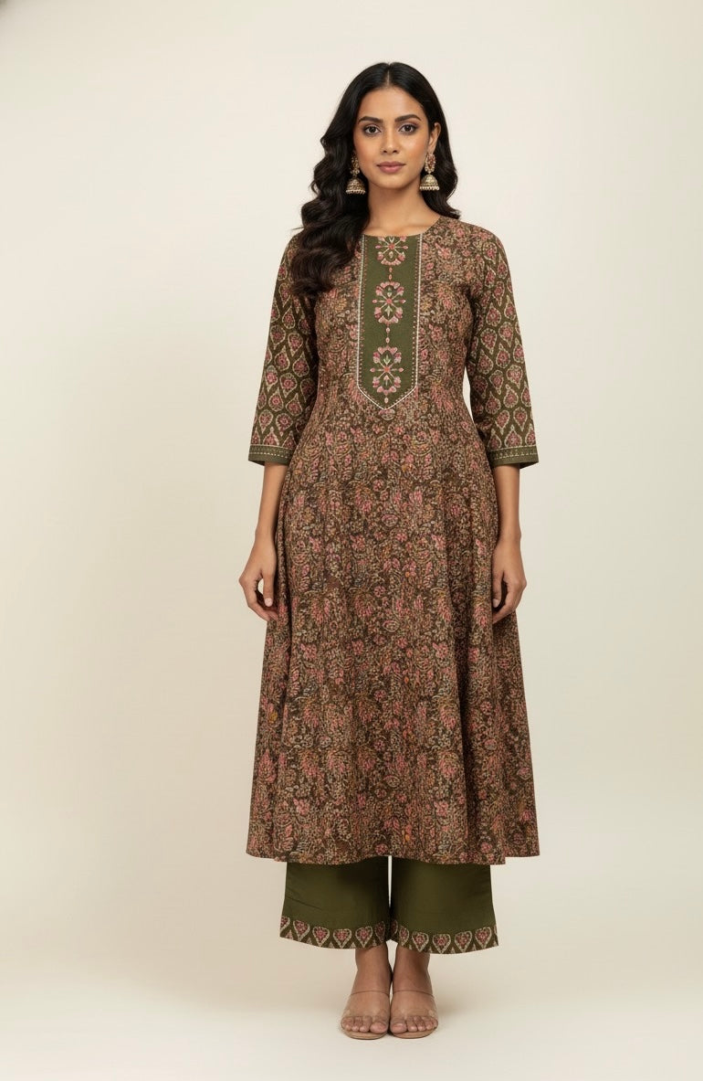 Pure Cotton Three Piece  Floral Print Anarkali Suits   FL0172