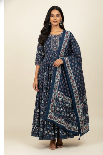 Deep Blue Pure Cotton Three Piece Anarkali Suits FL0180