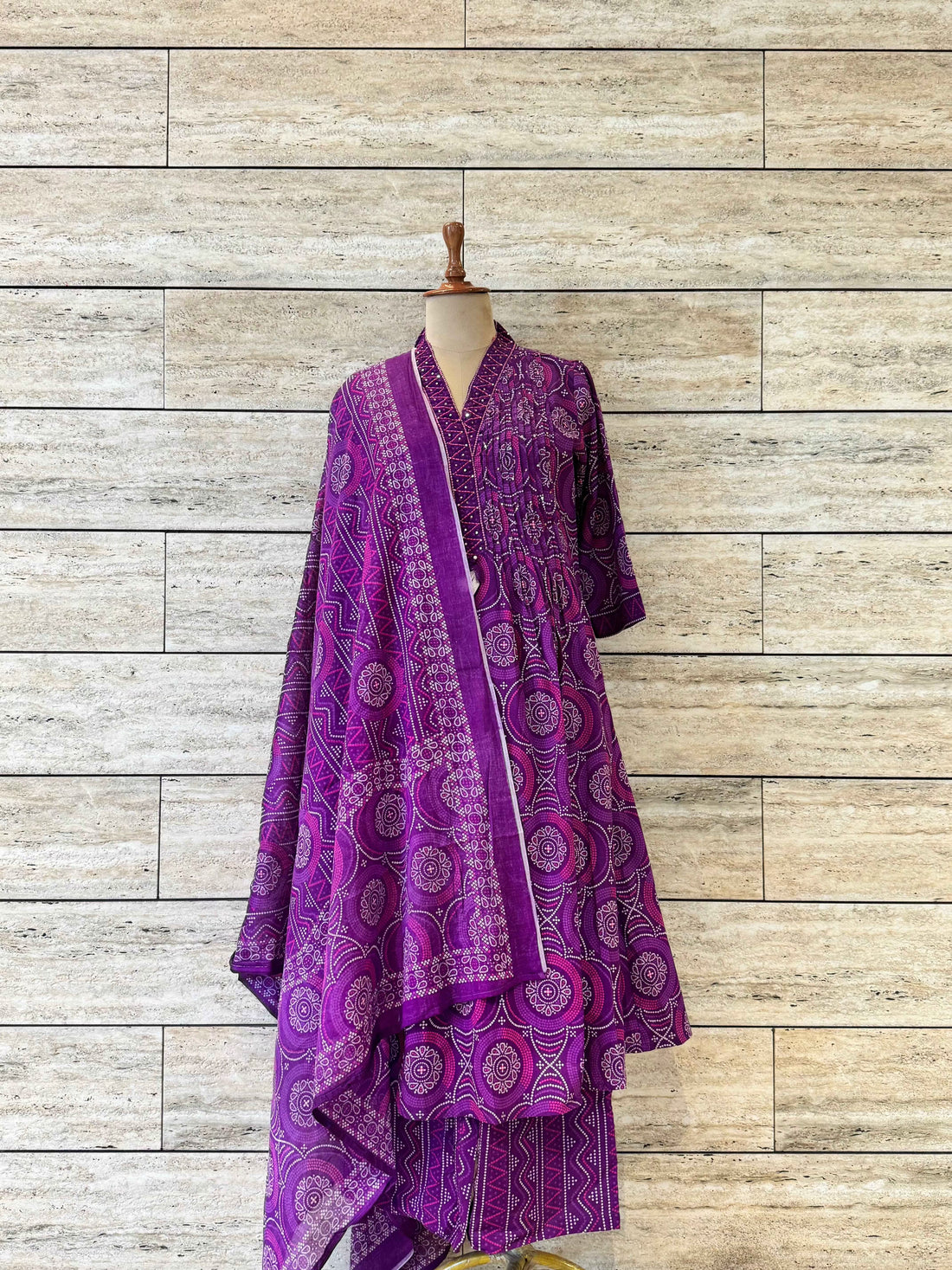 A Line Pure Cotton Pleated Bandhez Print Dupatta Set