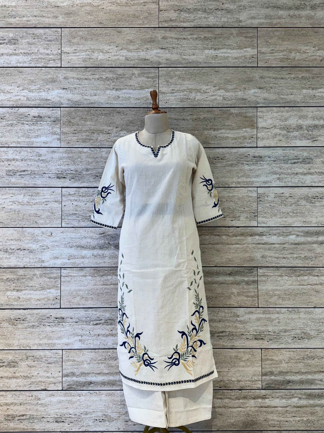 White Base Pure Cotton Flex Embroidered Pant Set