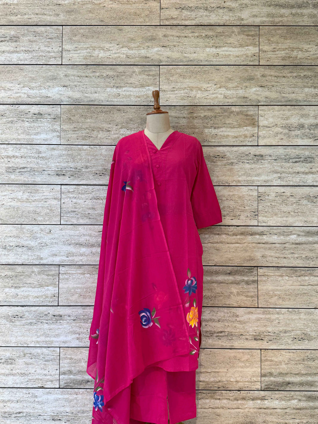 Cotton Brush Floral Solid  aar Dupatta Set