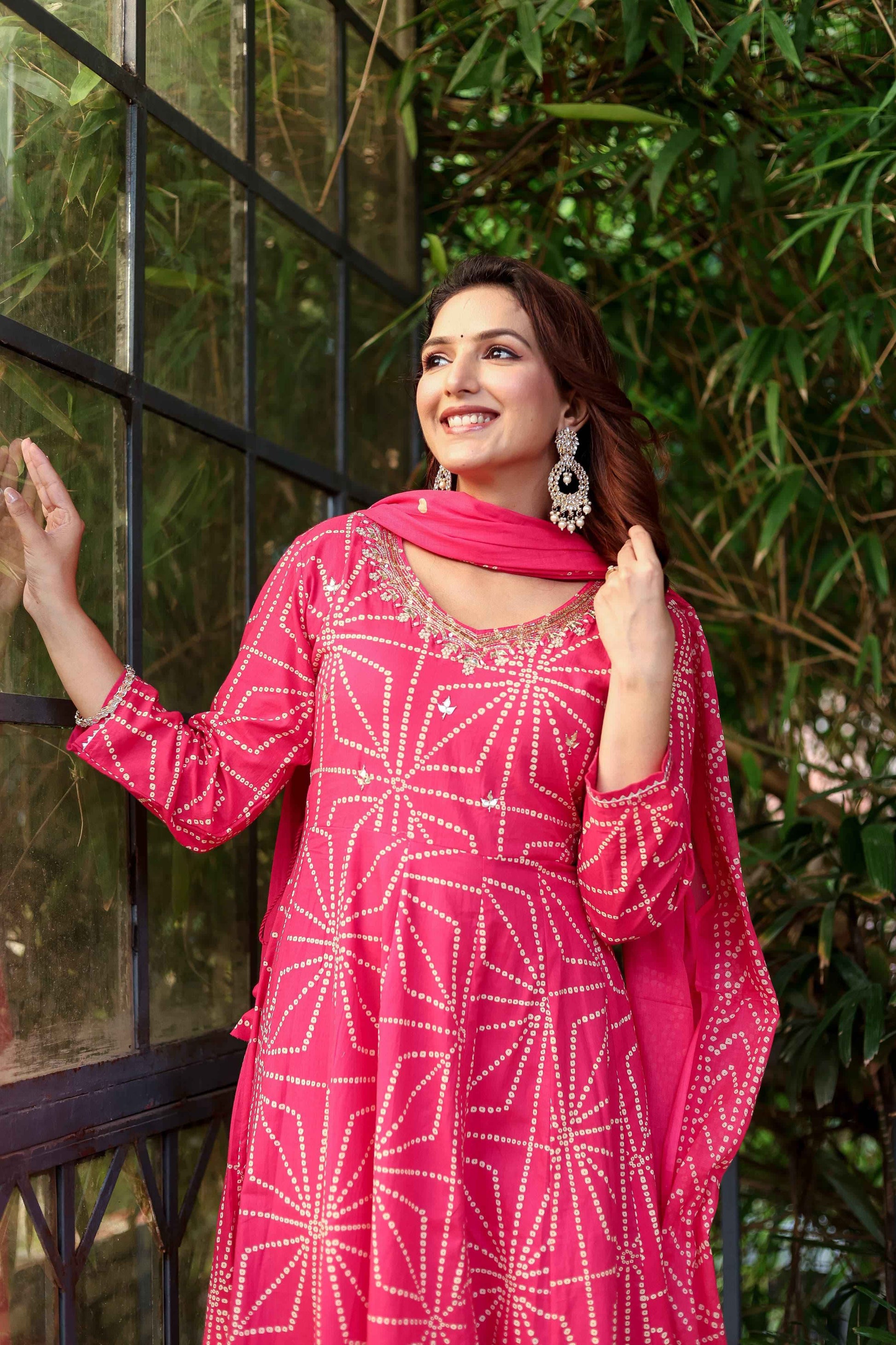Pure Cotton Anarkali Dupatta Set in Bandhez print