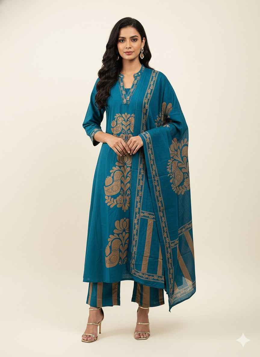 Pure Cotton A Line Three Piece Dupatta Set CS0181