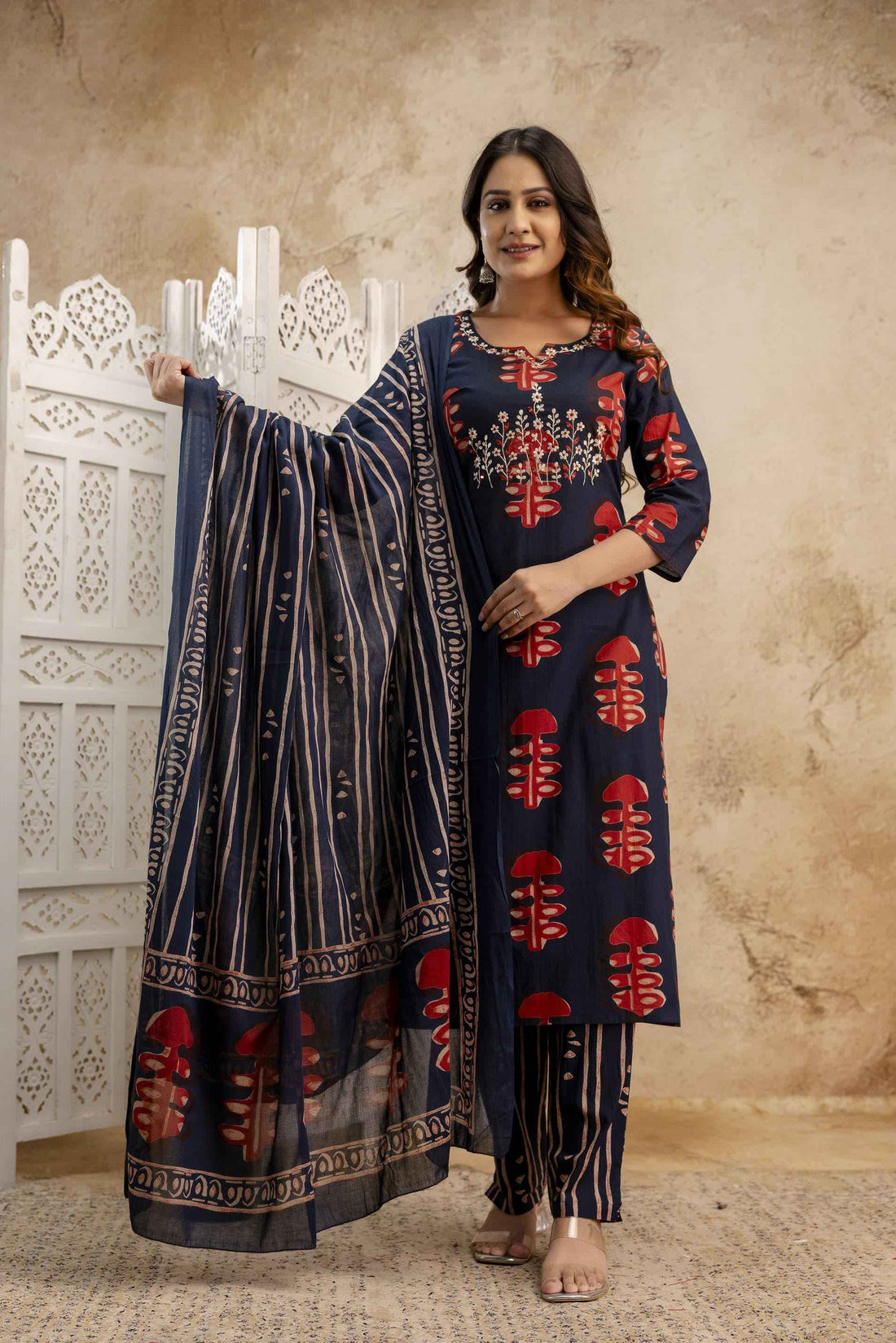 Pitthan Work Pure Cotton Ajrakh Print Dupatta Set
