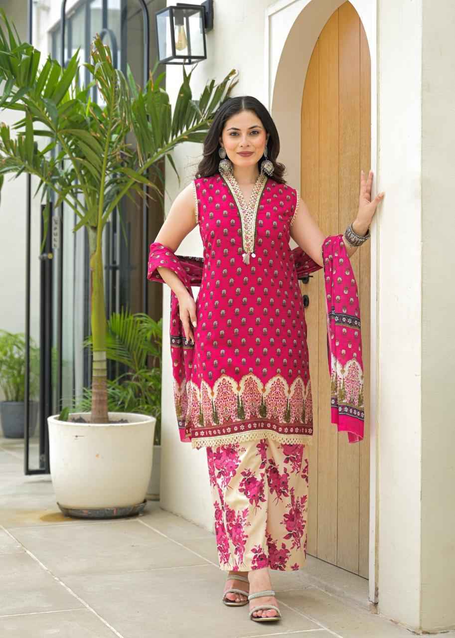 Pure Cotton Floral Print Sleeveless Dupatta Set