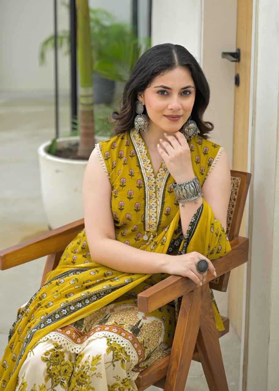 Pure Cotton Floral Print Sleeveless Dupatta Set