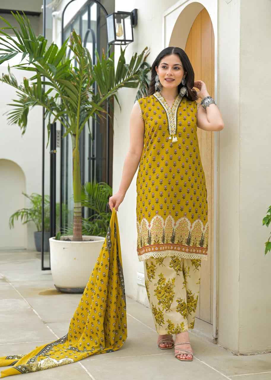 Pure Cotton Floral Print Sleeveless Dupatta Set