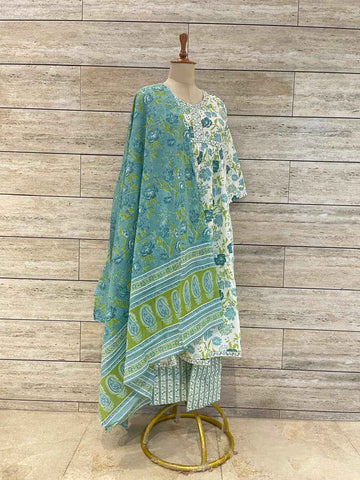 Pure Cotton A Line Three Piece Dupatta Set